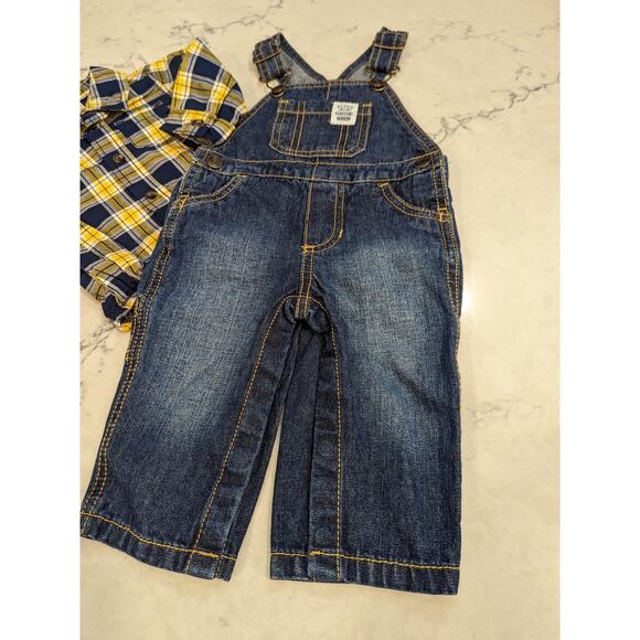 CARTER'S Boys 2 Piece Set Overalls and Yellow Blue Plaid Shirt 6 months - Picture 8 of 9